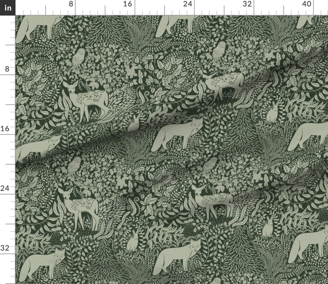 Woodland Green Monochromatic Deer Fox Owl Rabbit Squirrel Sage Green Botanical Rustic Earth Tone Custom Printed Fabric by Spoonflower Various Fabrics by the Yard or Fat Quarter